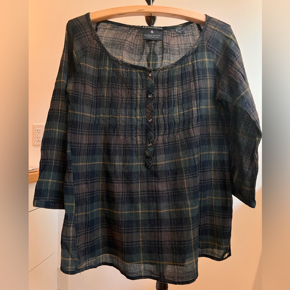 Scotch & Soda Plaid Navy and Green Top